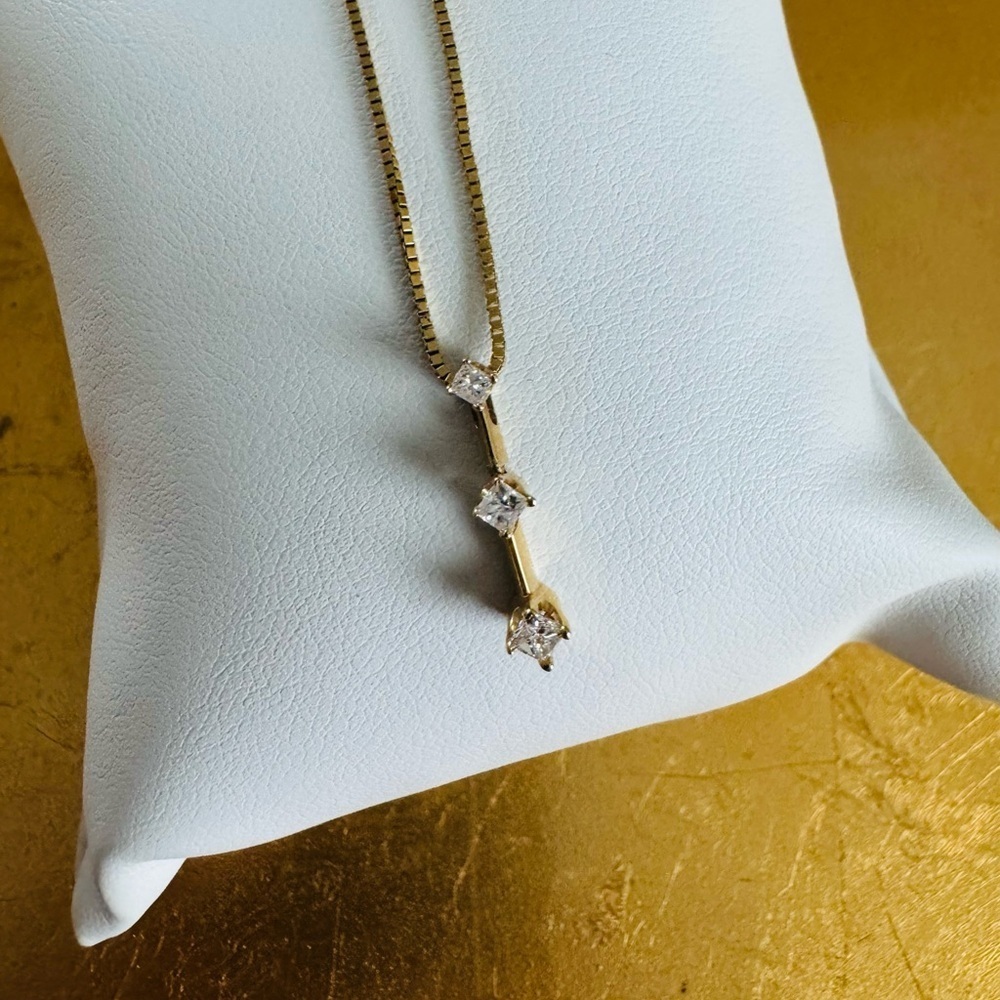 14K Yellow Gold Diamond Pendant and Necklace Vertical 3 stone princess cut